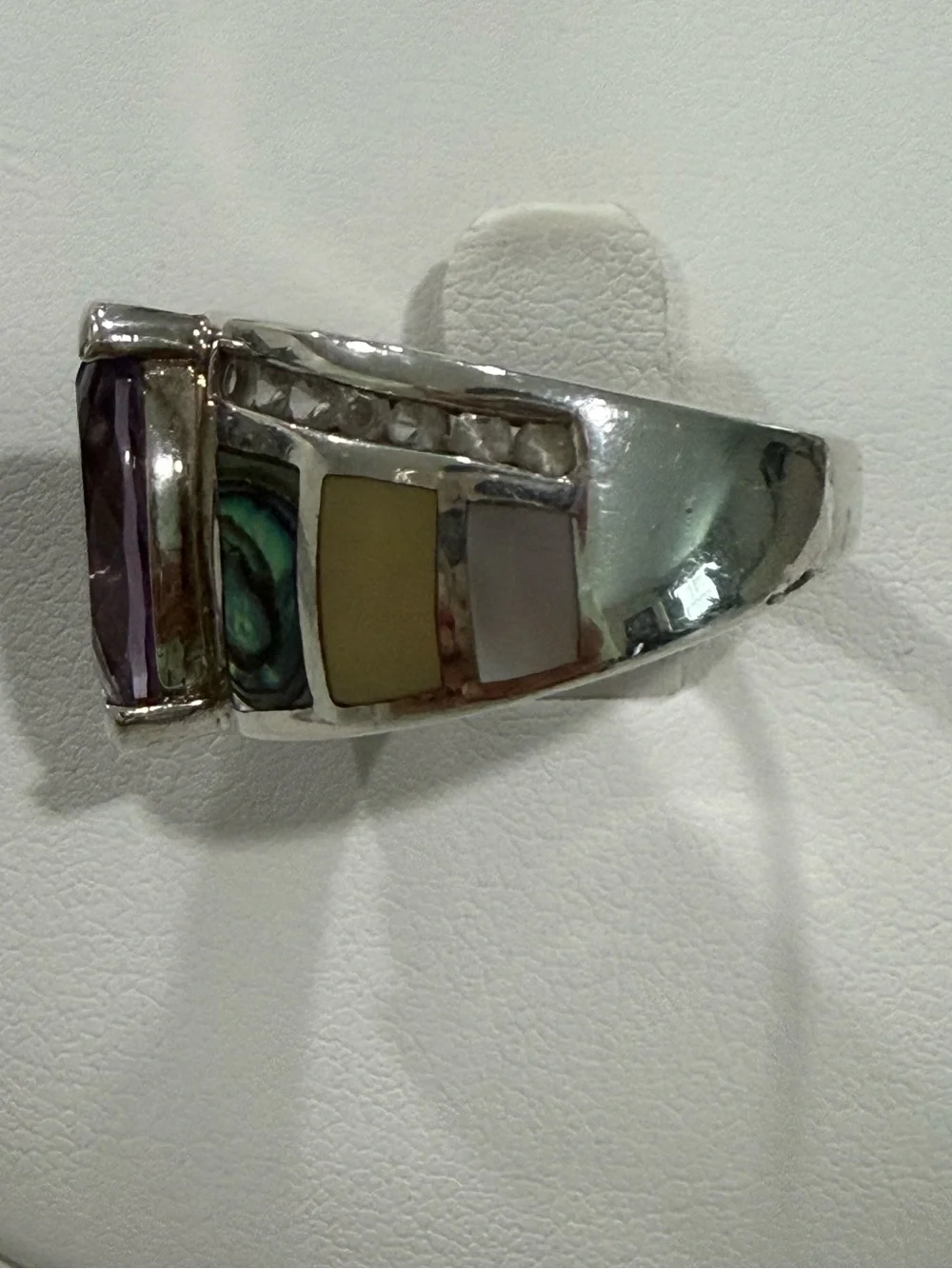 Sterling Silver Ring with Marquise Amethyst and white topaz gemstones on sides